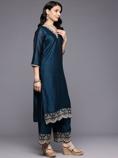 Dhiyona VA Ethnic Motifs Embroidered Zari Kurta With Palazzos & Dupatta