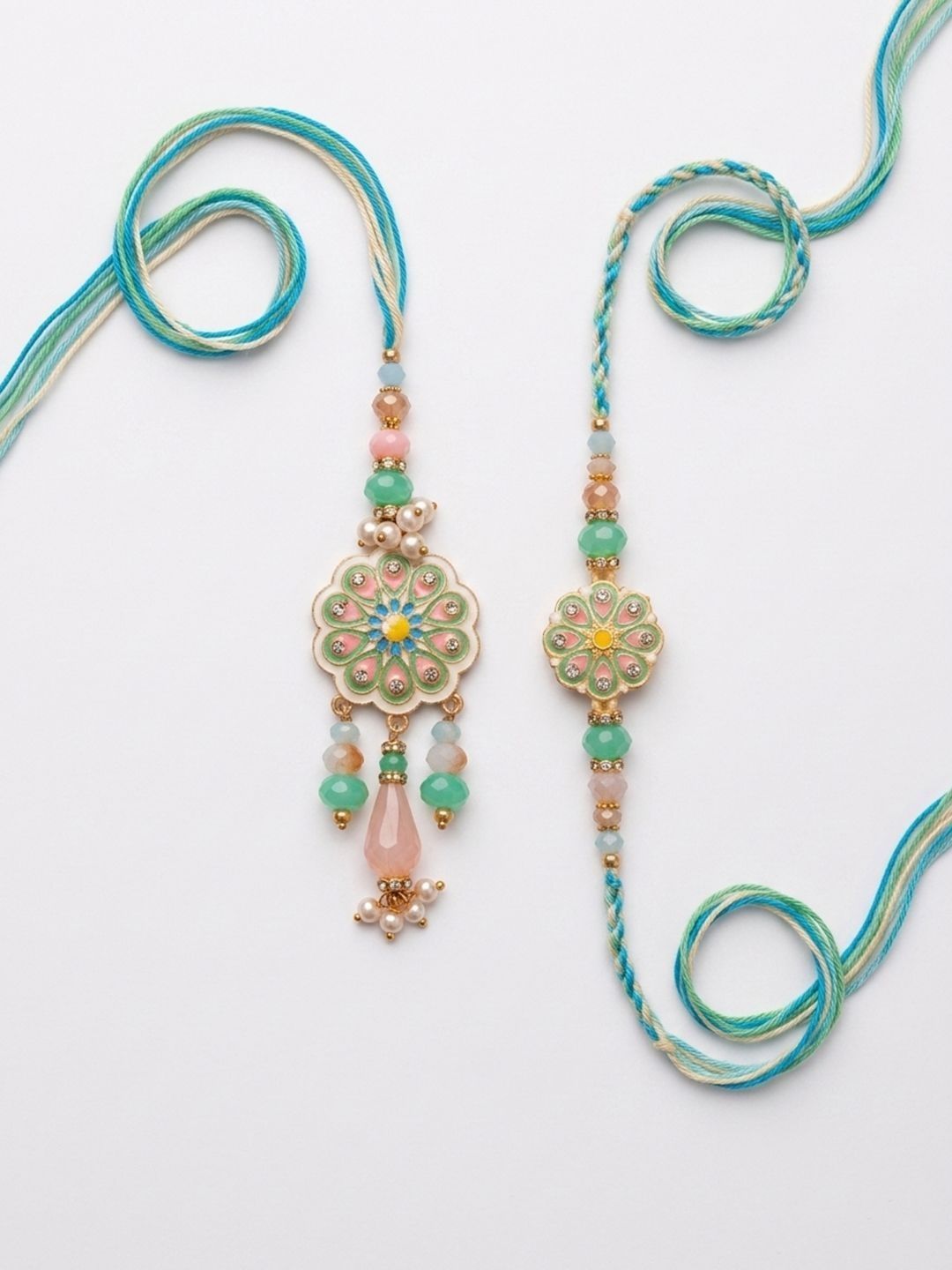 Dhiyona Set Of 2 Round Artificial Beads Traditional Bhaiya Bhabhi Rakhi With Roli Chawal