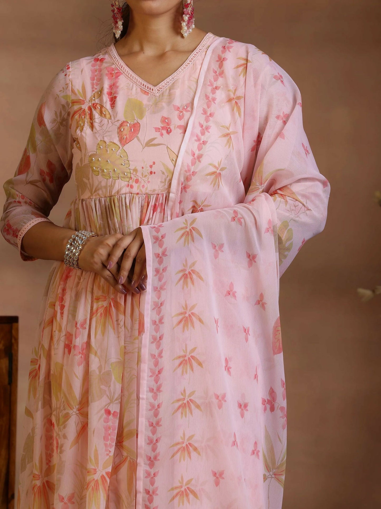 Women's LB Pink Printed Poly Chiffon A-Line Kurta With Palazzos & Dupatta