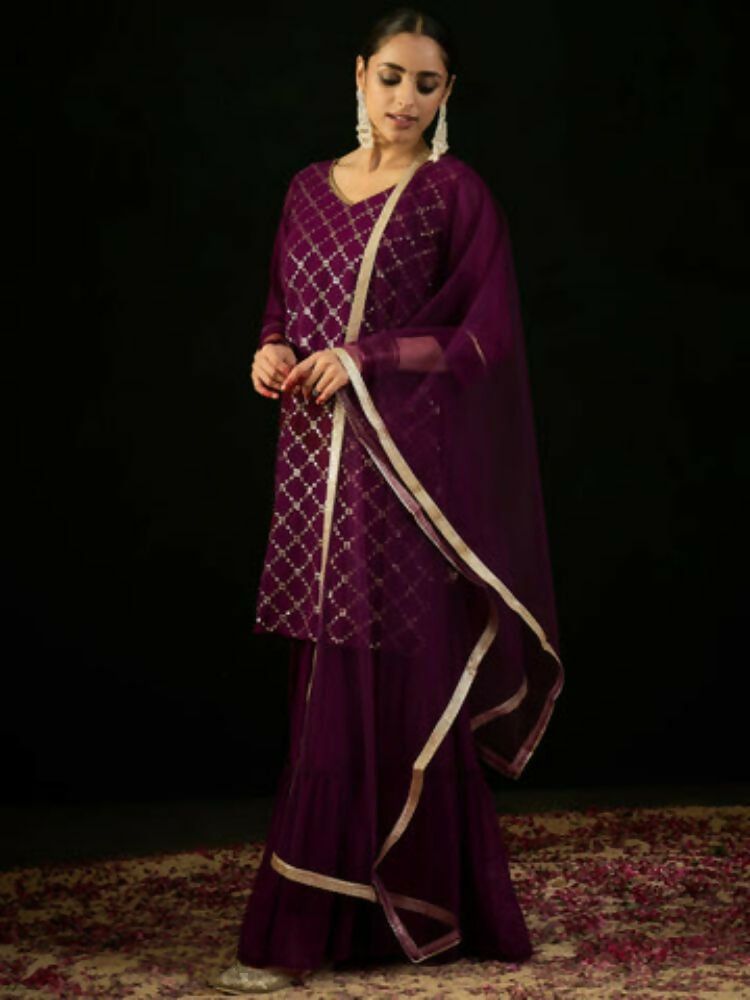 Women's Burgundy Embroidered Straight Kurta Sharara With Dupatta set