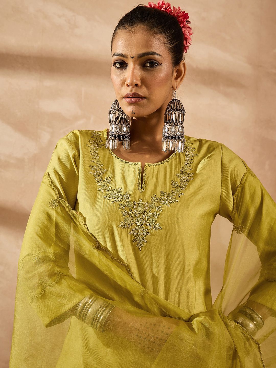Dhiyona IE Women Ethnic Motifs Embroidered Regular Liva Kurta with Trousers & With Dupatta