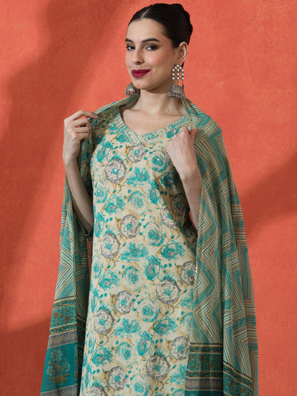 Floral Embroidered Pure Cotton Straight Kurta & Trousers With Dupatta