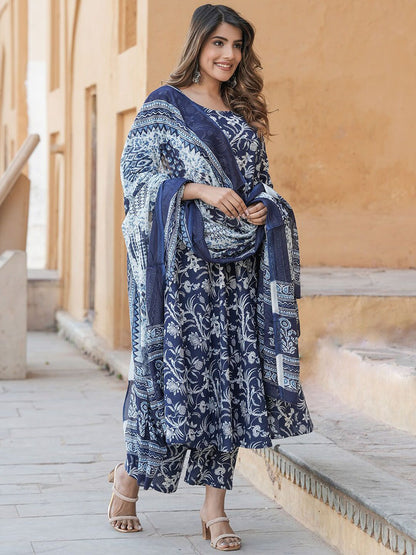 Dhiyona KL Women Floral Printed Regular Pure Cotton Kurta with Trousers & With Dupatta