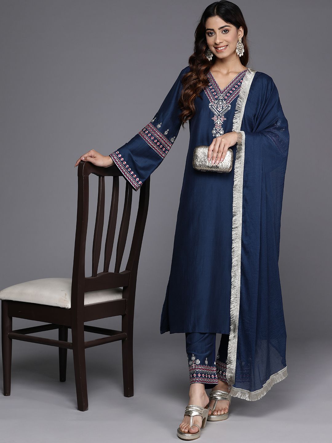 Navy Blue Women Ethnic Motifs Embroidered Regular Kurta with Trousers & With Dupatta