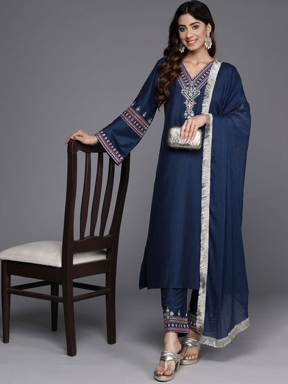 Navy Blue Women Ethnic Motifs Embroidered Regular Kurta with Trousers & With Dupatta