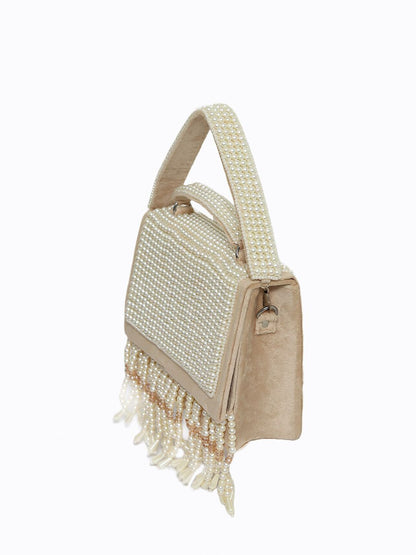 Dhiyona NR Beige & White Embroidered Embroidered Box Clutch
