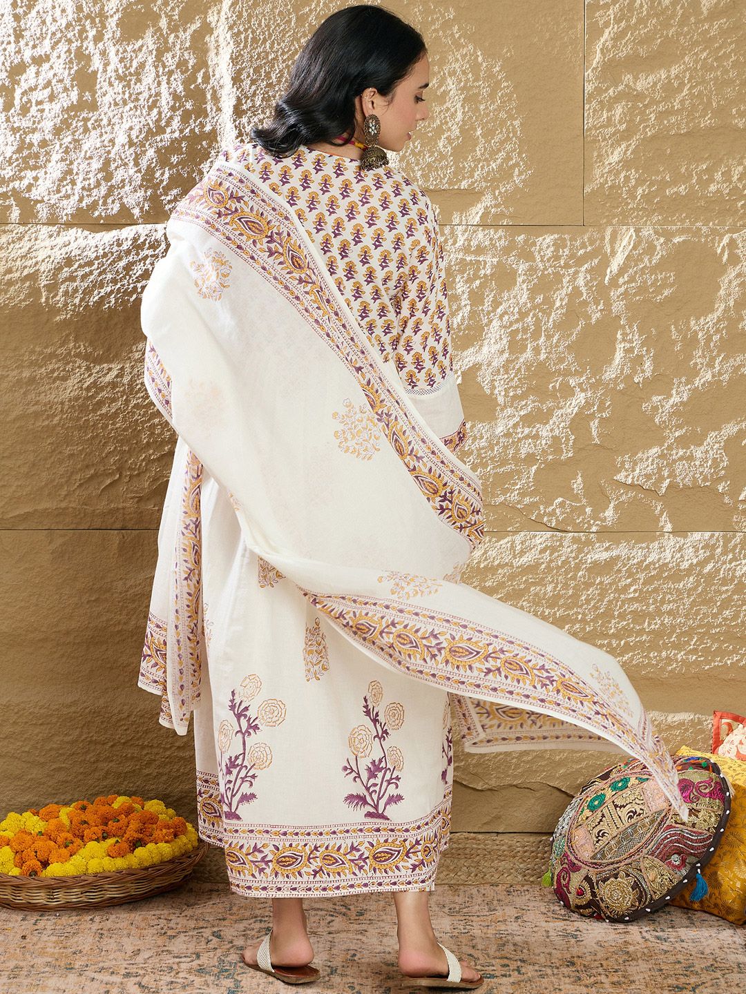 Dhiyona IE Women Ethnic Motifs Printed Empire Mirror Work Pure Cotton Kurta with Trousers & With Dupatta