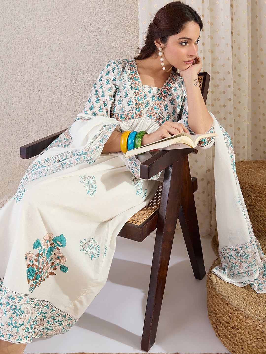 Floral Printed V Neck Empire A Line Pure Cotton Kurta With Trousers & Dupatta
