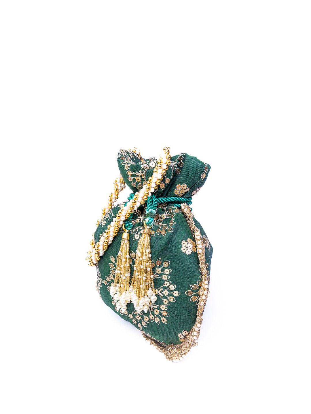 Dhiyona NR Green & Gold-Toned Embroidered Embroidered Potli Clutch