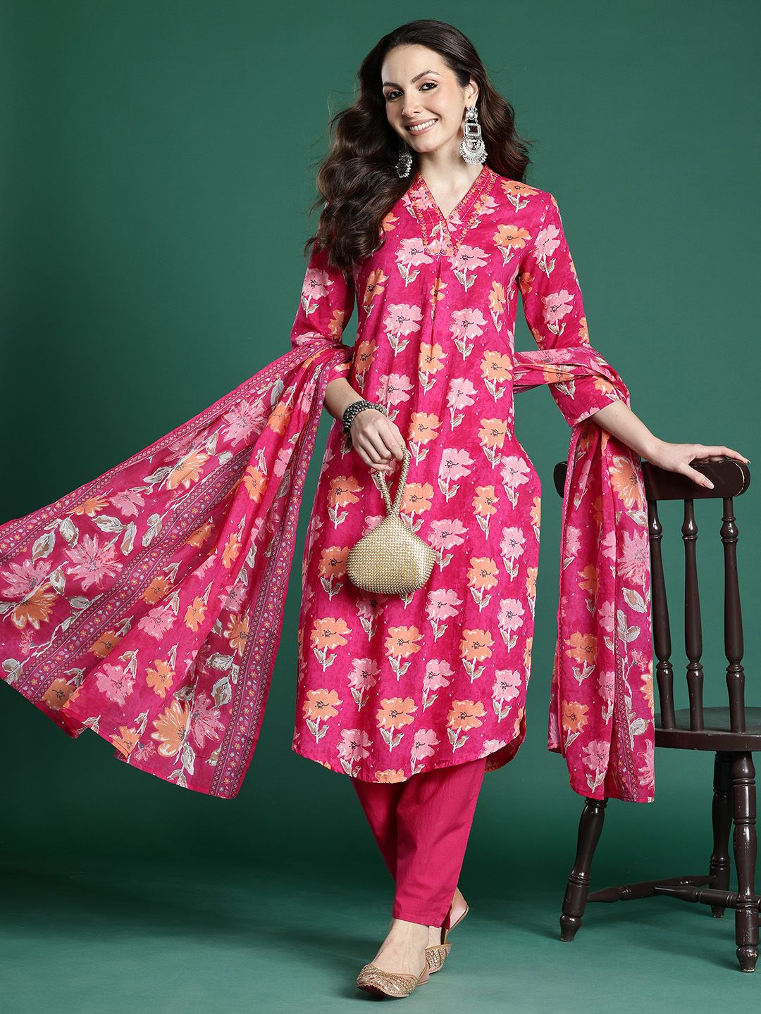 Dhiyona IE Floral Printed Pure Cotton Kurta with Trousers & Dupatta