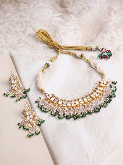 Dhiyona RJ Women's 24K Gold-Plated Pachi Kundan Choker Set with Light Gold Beads & Green Accents