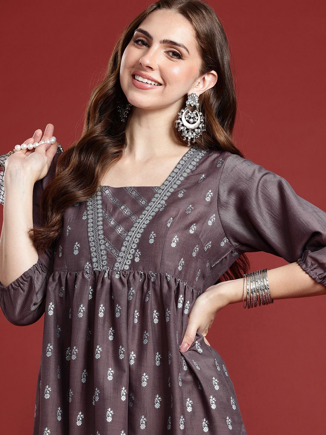 Dhiyona AN Floral Printed Regular Sequinned A-Line Kurti With Sharara