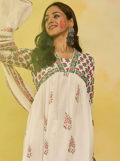 Dhiyona IE Women Ethnic Motifs Printed Empire Mirror Work Pure Cotton Kurta with Trousers & With Dupatta