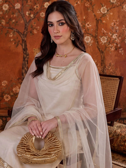 Silk Blend Round Neck Kurta & Churidar With Dupatta