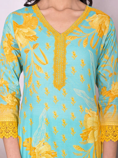 Dhiyona IS Women's Floral Printed Embellished Straight Kurta with Solid Pant and Dupatta