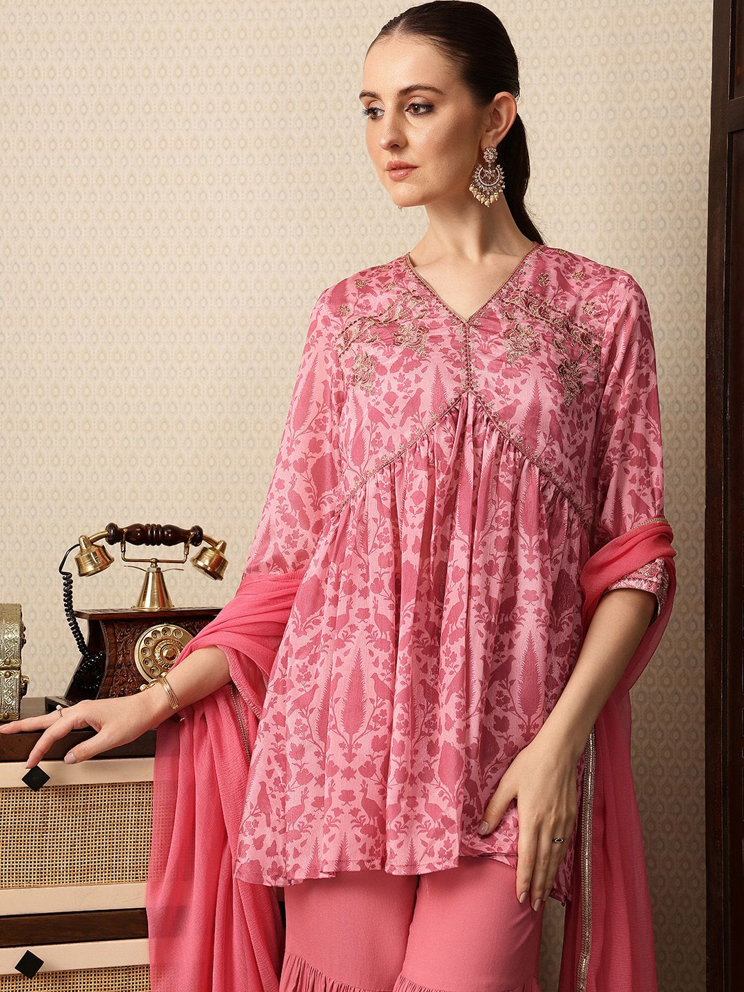 Dhiyona HOP Floral Printed Sequinned Gathered Jashn Kurti With Sharara & Dupatta