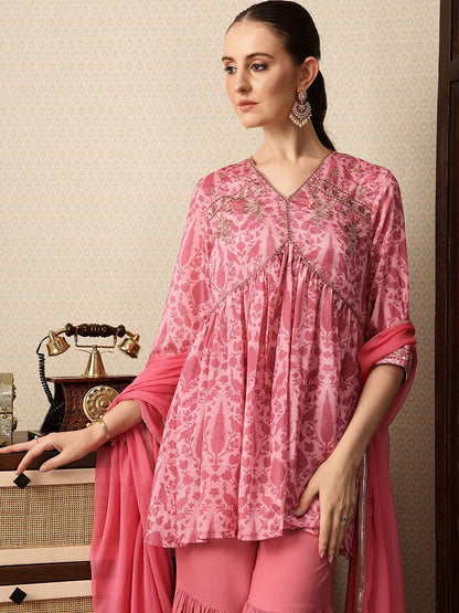 Dhiyona HOP Floral Printed Sequinned Gathered Jashn Kurti With Sharara & Dupatta
