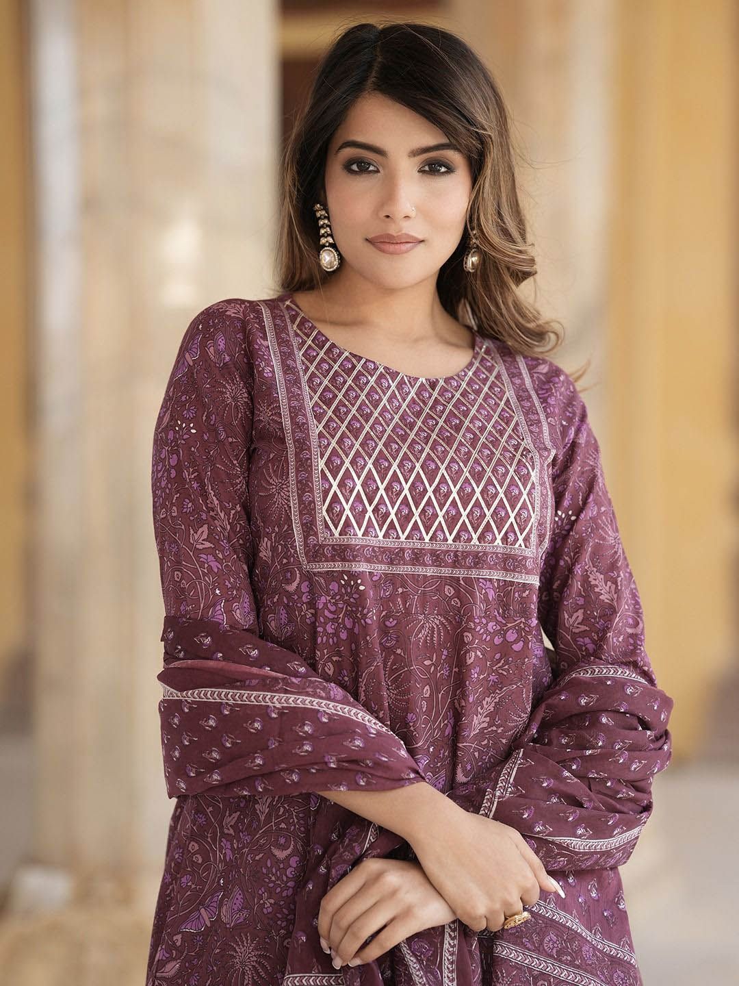 Dhiyona KL Ethnic Motifs Printed Pure Cotton Anarkali Kurta With Trousers & Dupatta