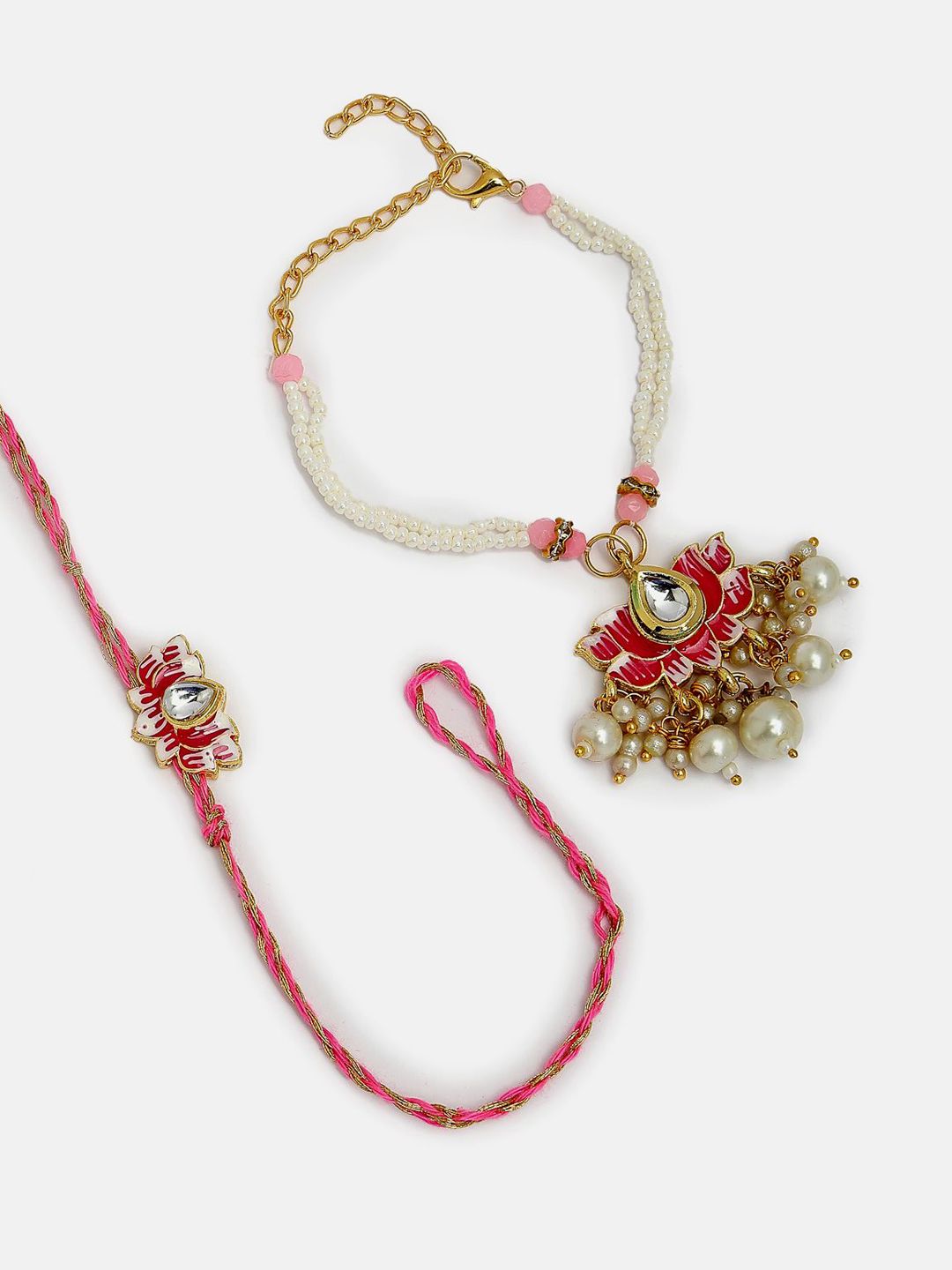 Dhiyona Unisex Set Of 2 Pink Lotus Shape Kundan-Studded & Beaded Wraparound Rakhi Set