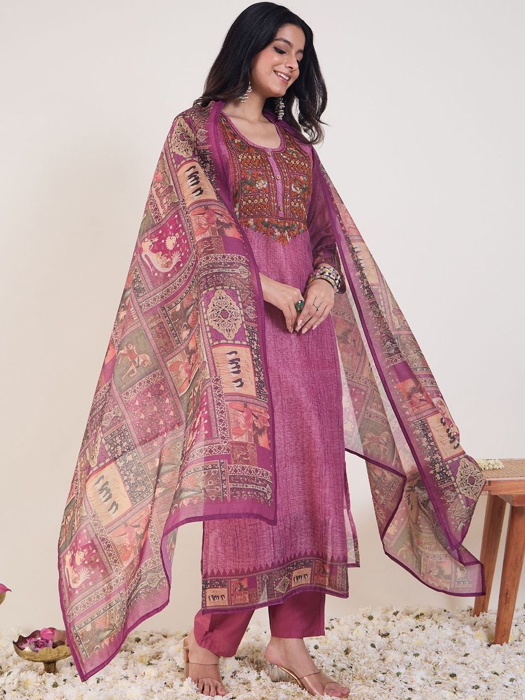 Dhiyona IE Embroidered Round Neck Thread Work Chanderi Cotton Kurta With Trousers & Dupatta