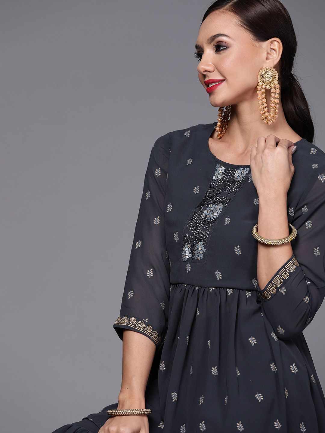 Dhiyona IE Women Navy Blue Printed Pleated Beads and Stones Kurta with Sharara