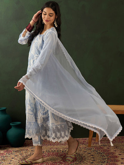 Blue Abstract Printed V-Neck Schiffli Work Anarkali Kurta With Trousers & Dupatta