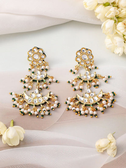 Dhiyona RJ Women's 22K Gold-Plated Kundan Studed Green Border, Pearl Beaded Crescent Moon Necklace Set