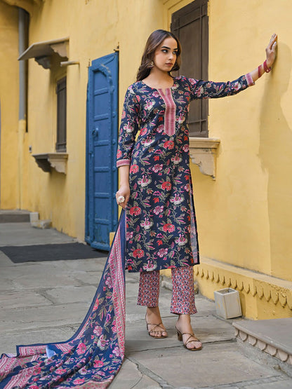 Dhiyona KL Floral Printed Regular Cotton Blend Kurta with Trousers With Dupatta