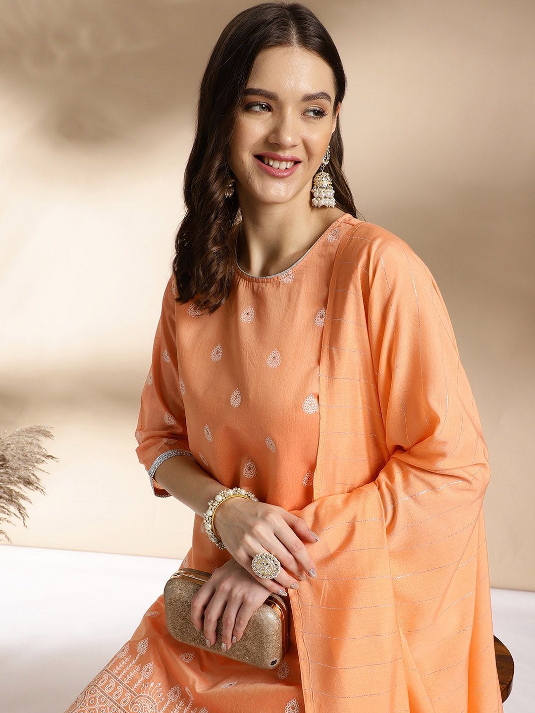 Dhiyona AN Ethnic Motifs Printed Round Neck Thread Work Straight Kurta with Sharara & Dupatta