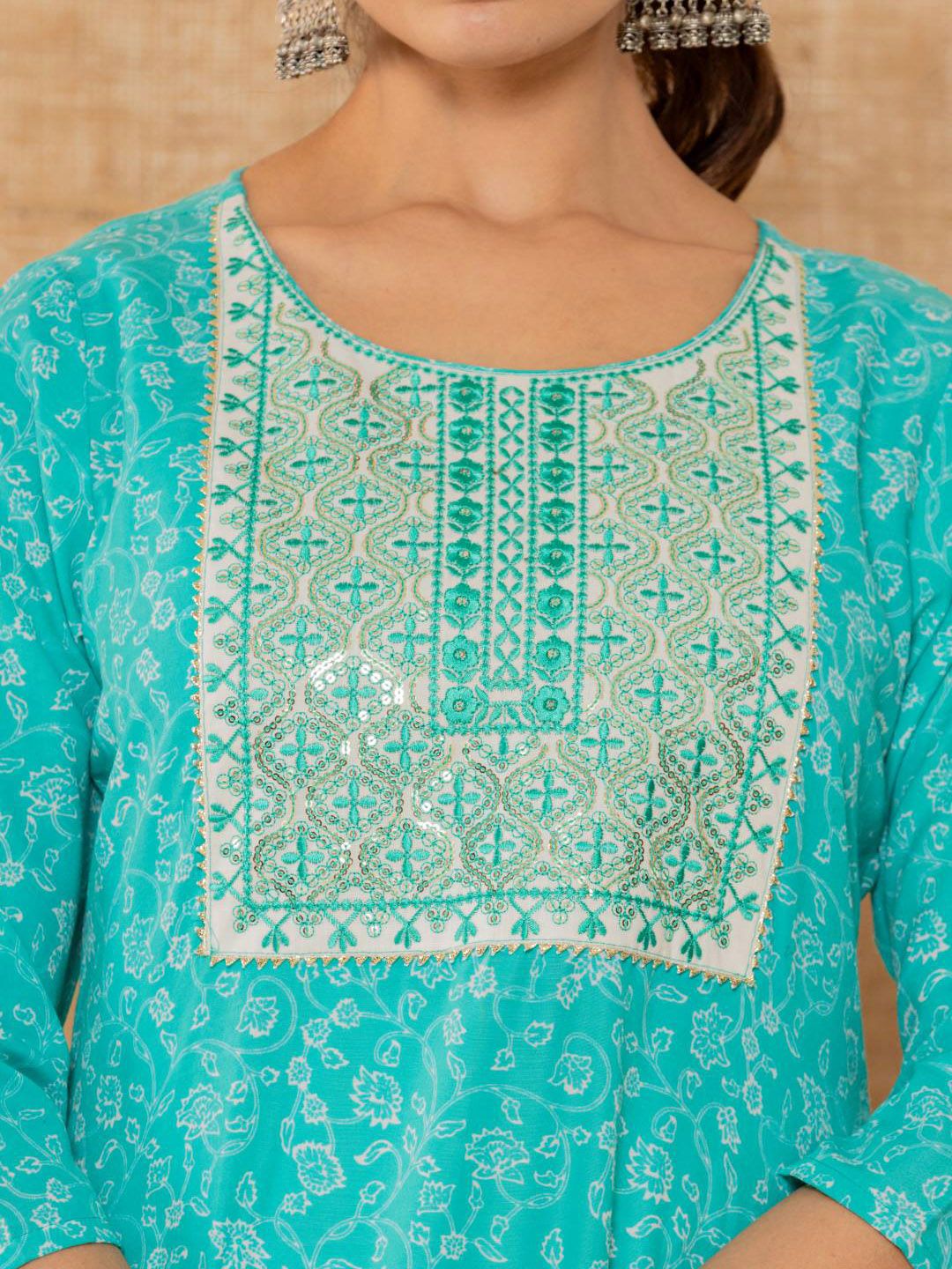 Dhiyona VA Women's Floral Printed Regular Thread Work Kurta with Trousers & With Dupatta