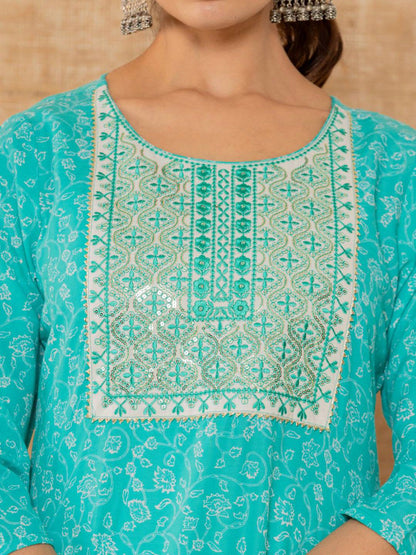 Dhiyona VA Women's Floral Printed Regular Thread Work Kurta with Trousers & With Dupatta