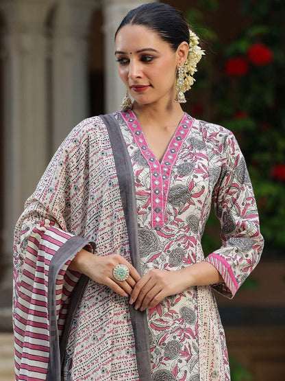 Dhiyona RR Women's Floral Printed Mirror Work Pure Cotton Kurta with Trousers & Dupatta