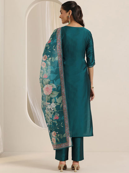 Floral Embroidered Thread Work V Neck Kurta With Trousers & Dupatta