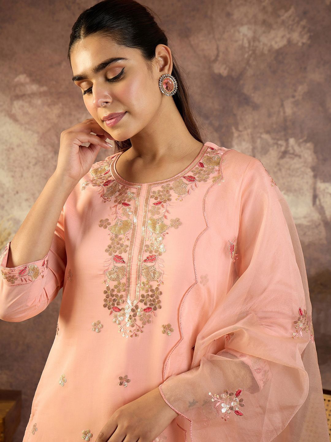 Dhiyona IE Women Floral Embroidered Round Neck Sequinned Kurta with Trousers & Dupatta