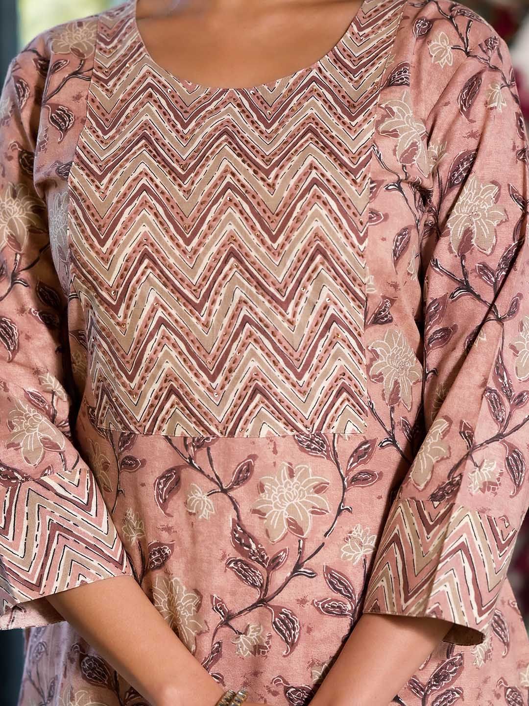 Dhiyona KL Floral Printed Regular Thread Work Pure Cotton Kurta with Trouser & Dupatta