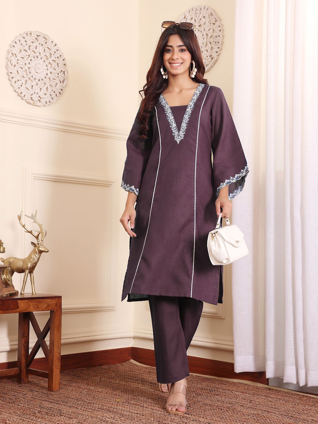 Brown V-Neck Embroidered Thread Work Straight Kurta With Trousers