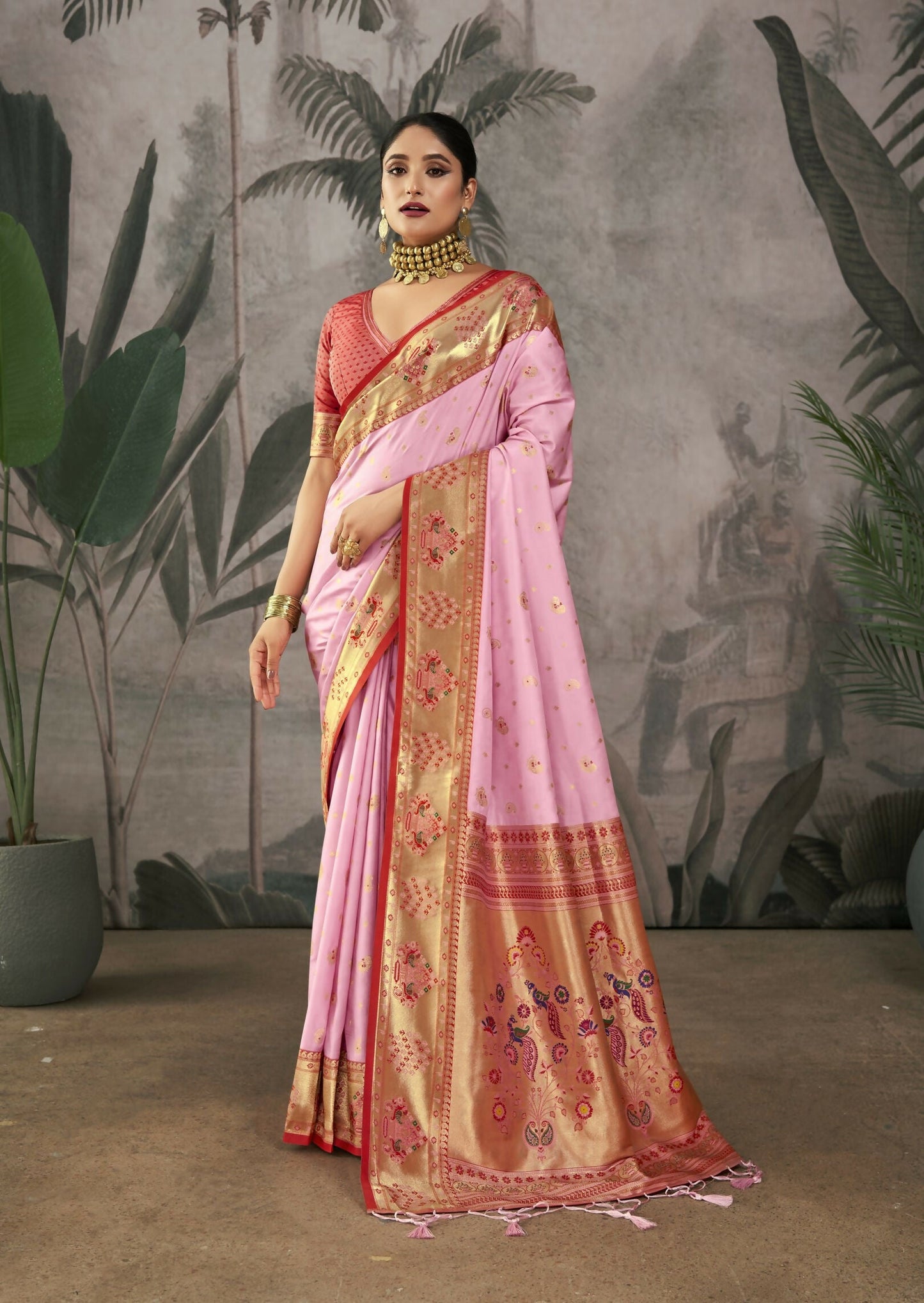 Women Paithani Isha Baby Pink Saree With Unstiched Blouse