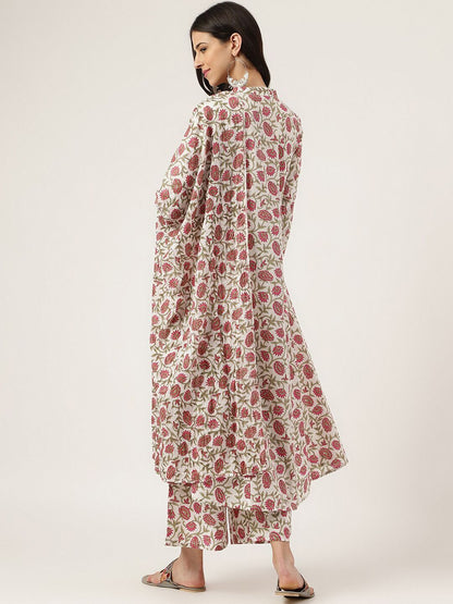 Dhiyona KL Floral Printed Mandarin Collar Pure Cotton Anarkali Kurta With Palazzos & Dupatta