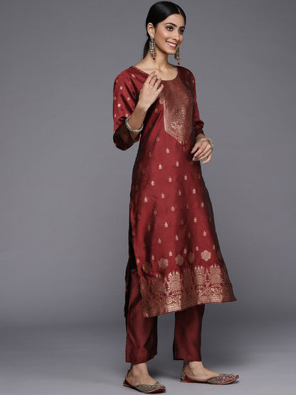 Dhiyona VA Women'sFloral Zari Woven Design Round Neck Kurta with Trousers & with Dupatta