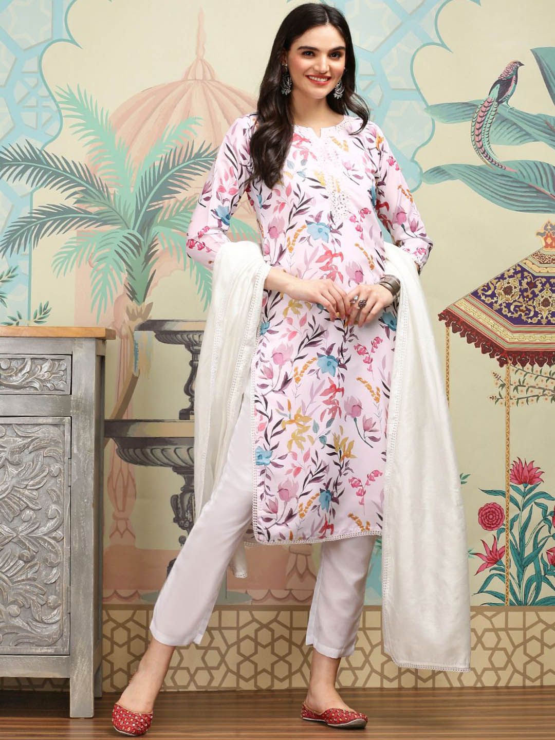 Dhiyona IS Women's White Floral Printed Mirror Work Regular Straight Kurta With Trousers & Dupatta