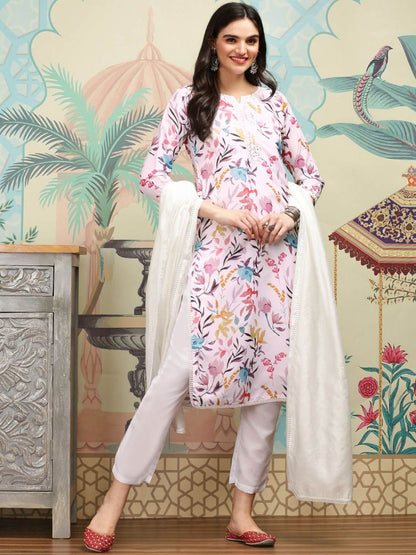 Dhiyona IS Women's White Floral Printed Mirror Work Regular Straight Kurta With Trousers & Dupatta