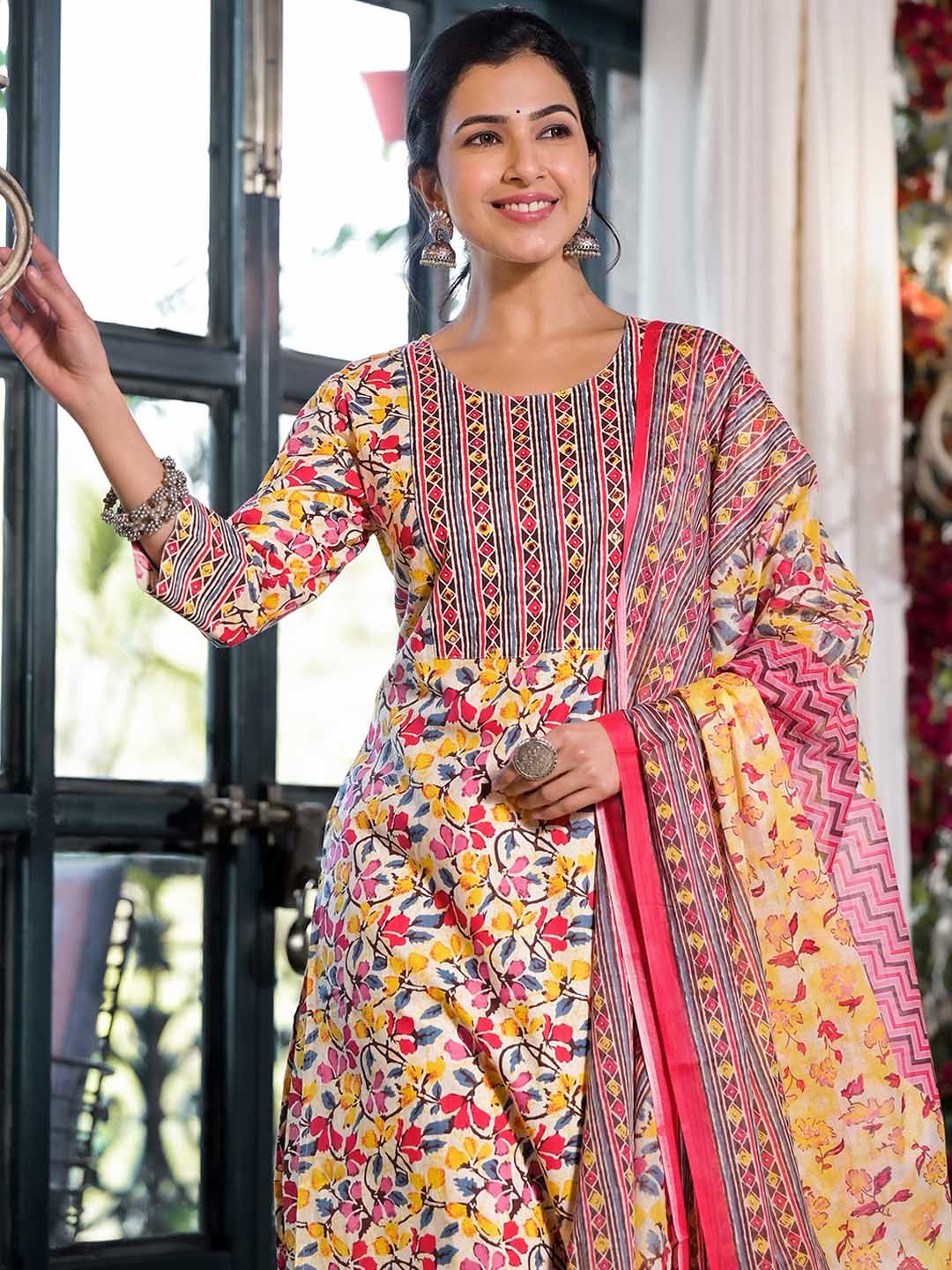 Dhiyona KL Floral Printed Regular Mirror Work Pure Cotton Kurta With Trouser & Dupatta