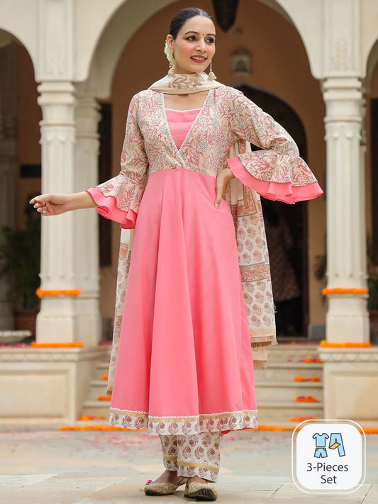 Dhiyona RR Women's Floral Printed Bell Sleeves Pure Cotton Kurta With Trousers & Dupatta