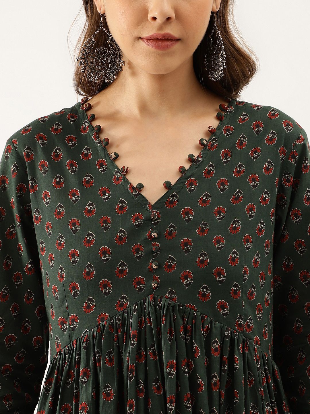 Dhiyona KL Floral Printed V-Neck Pure Cotton Empire Anarkali Kurta With Trousers & Dupatta
