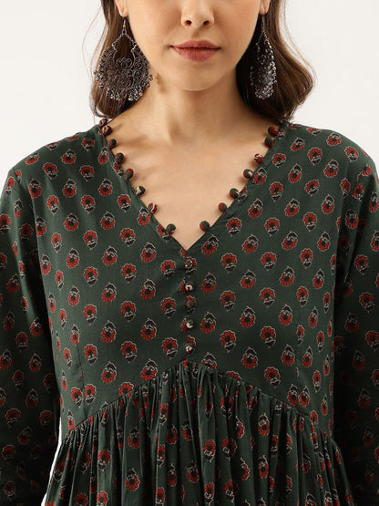Dhiyona KL Floral Printed V-Neck Pure Cotton Empire Anarkali Kurta With Trousers & Dupatta