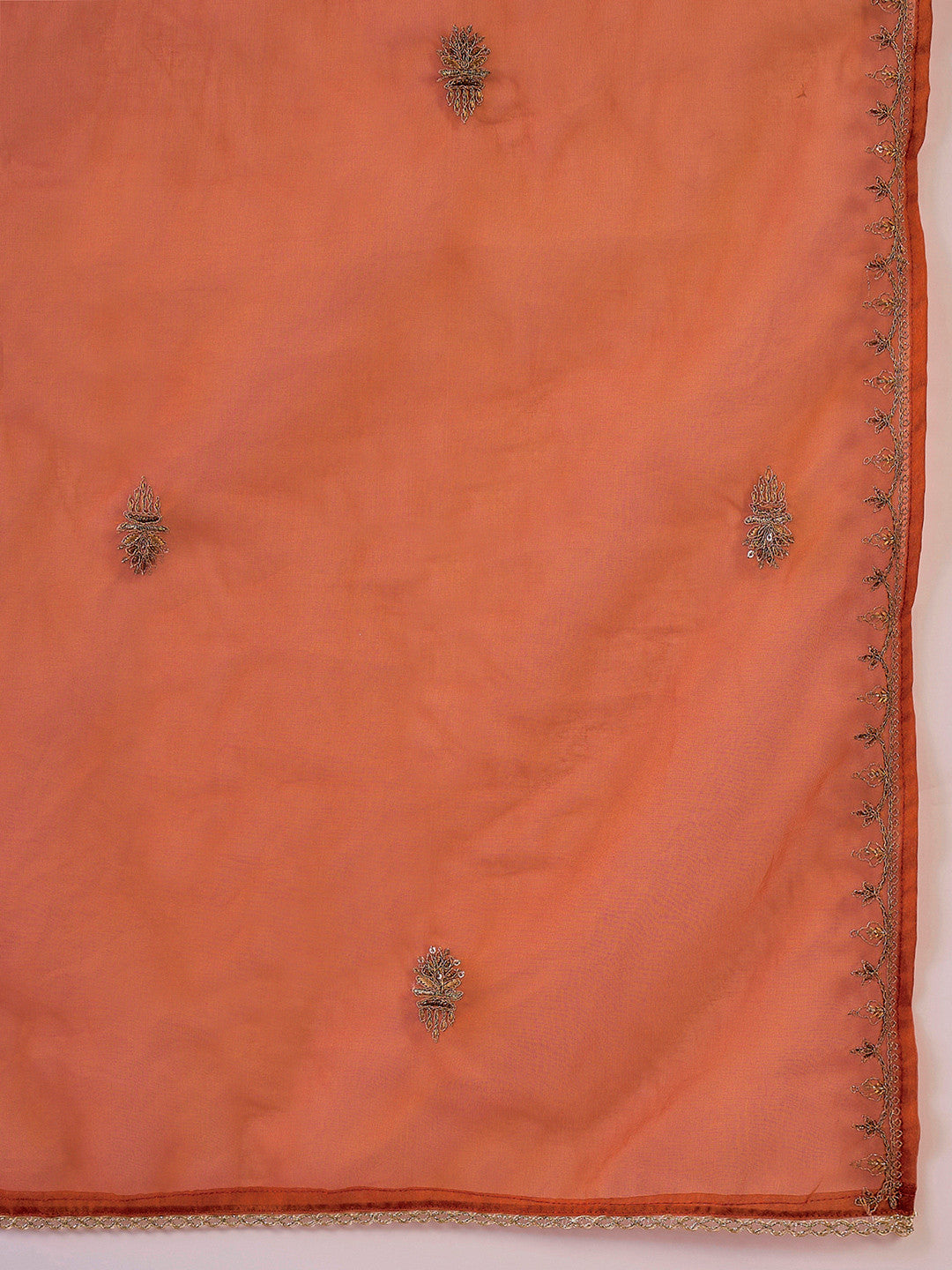 Orange Floral Embroidered Panelled Zari A-Line Kurta With Trousers And Dupatta