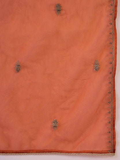 Orange Floral Embroidered Panelled Zari A-Line Kurta With Trousers And Dupatta