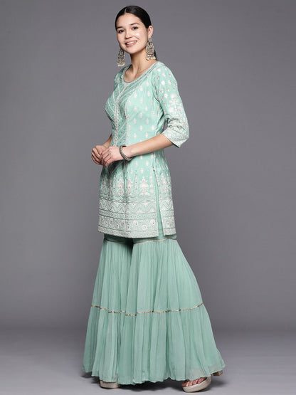 Dhiyona LL Women Ethnic Motifs Embroidered Pure Silk Kurti With Sharara & Dupatta