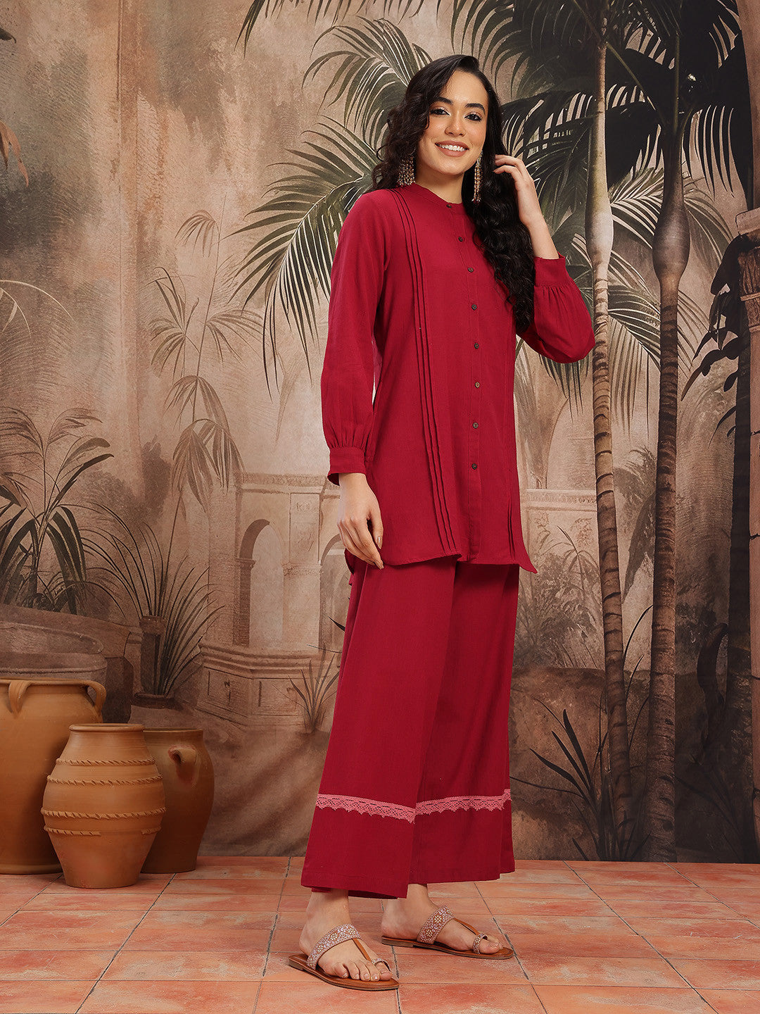 Pintucks Cotton-Linen Straight Kurti with Palazzos and Embroidered Waistcoat