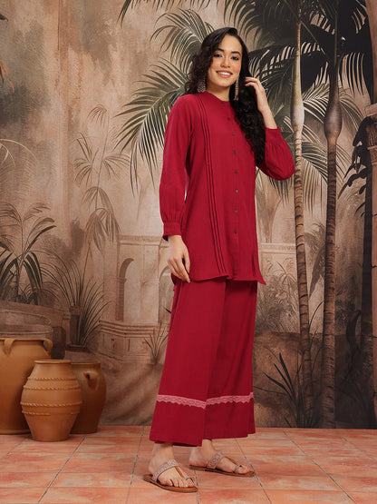 Pintucks Cotton-Linen Straight Kurti with Palazzos and Embroidered Waistcoat